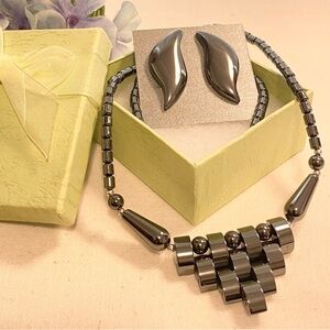 Genuine Hematite Pyramid Necklace & Earrings; Canadian Black Diamond; gift box